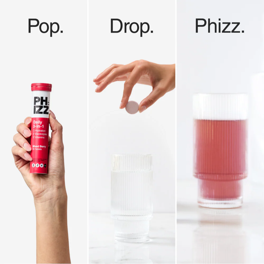 Phizz Daily 3-in-1 Hydration, Electrolytes & Vitamins Effervescent Tablets Mixed Berry 20 Tablets - Image 7